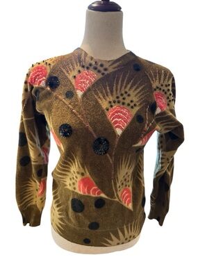 Olive Green Patterned Men's Sweater with Coral Accents M